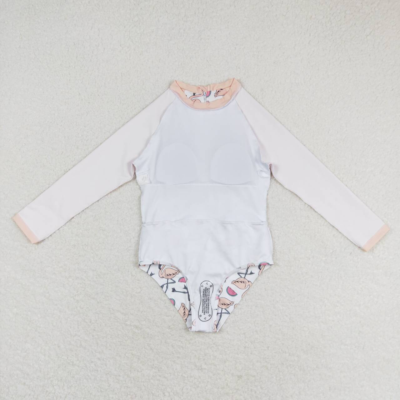 S0245 Watermelon Flamingo White Long Sleeve One-Piece Swimsuit