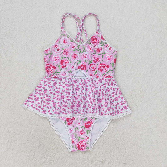 S0247 Pink and white floral lace one-piece swimsuit