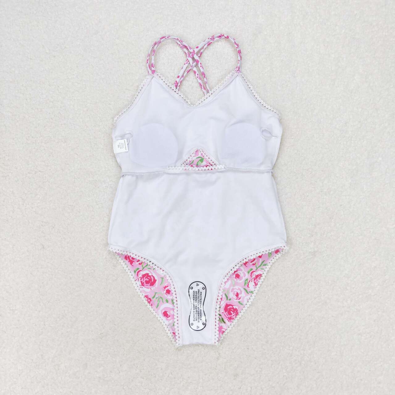 S0247 Pink and white floral lace one-piece swimsuit