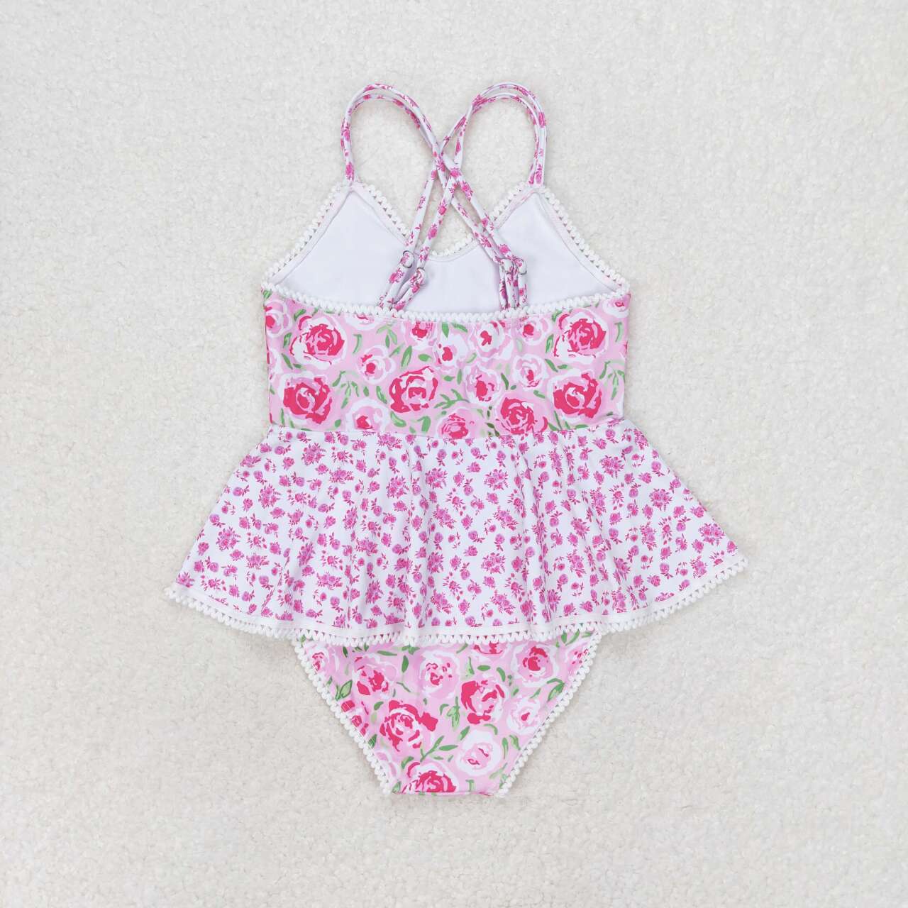 S0247 Pink and white floral lace one-piece swimsuit