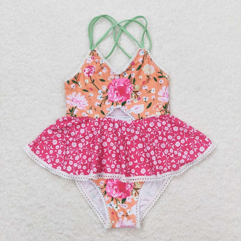 S0249 Floral floral lace pink and orange suspender one-piece swimsuit