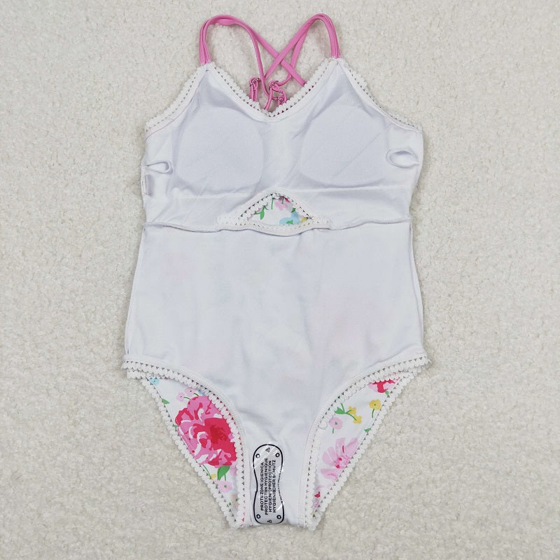 S0250 Floral striped lace orange and white suspender one-piece swimsuit