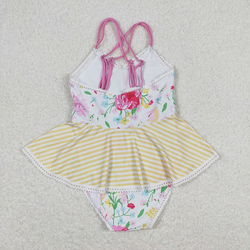 S0250 Floral striped lace orange and white suspender one-piece swimsuit