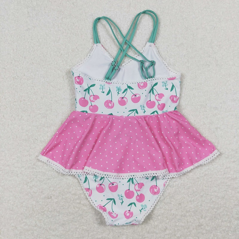 S0251 Cherry polka dot lace pink and white suspender one-piece swimsuit