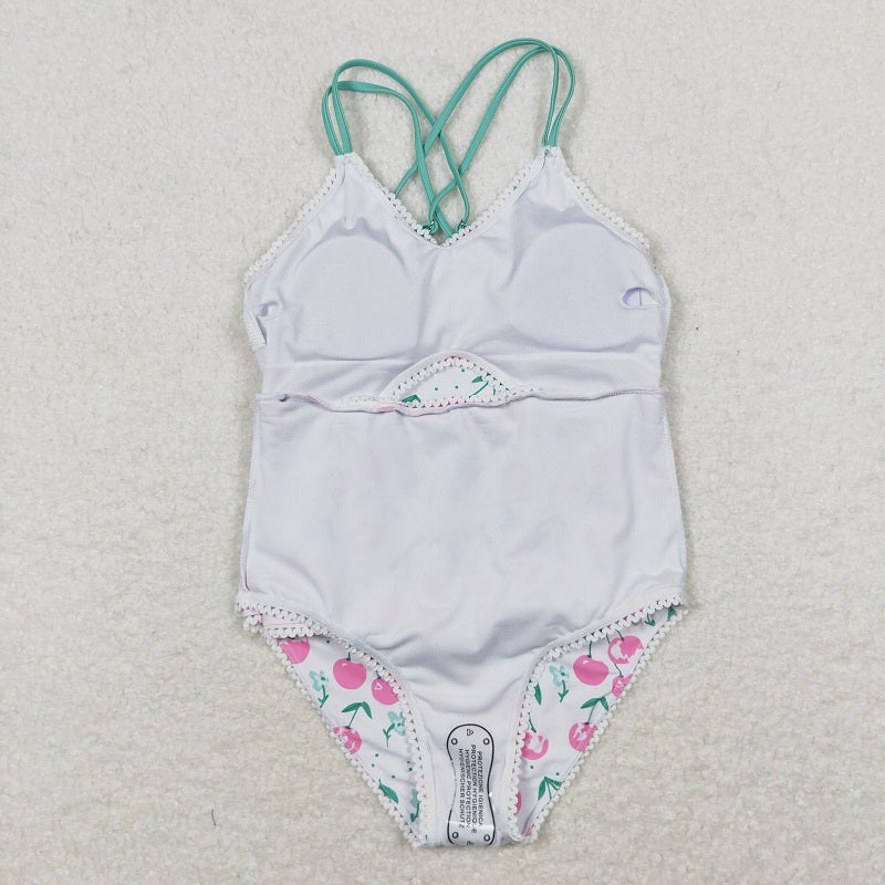 S0251 Cherry polka dot lace pink and white suspender one-piece swimsuit