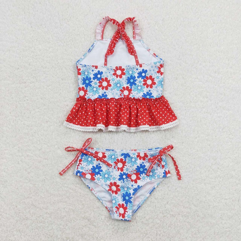 S0253 Red and blue floral polka dot lace swimsuit set