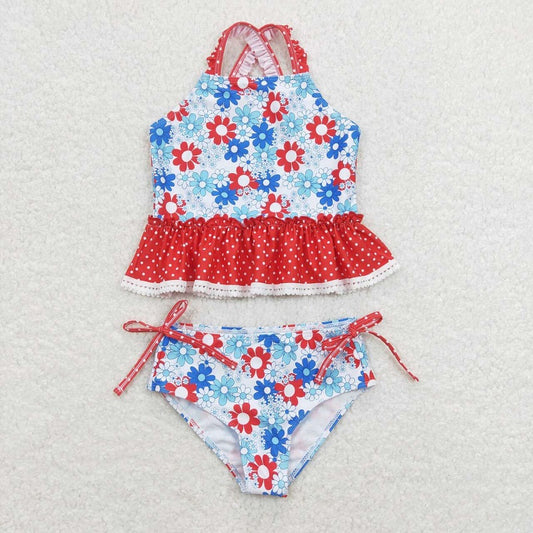 S0253 Red and blue floral polka dot lace swimsuit set