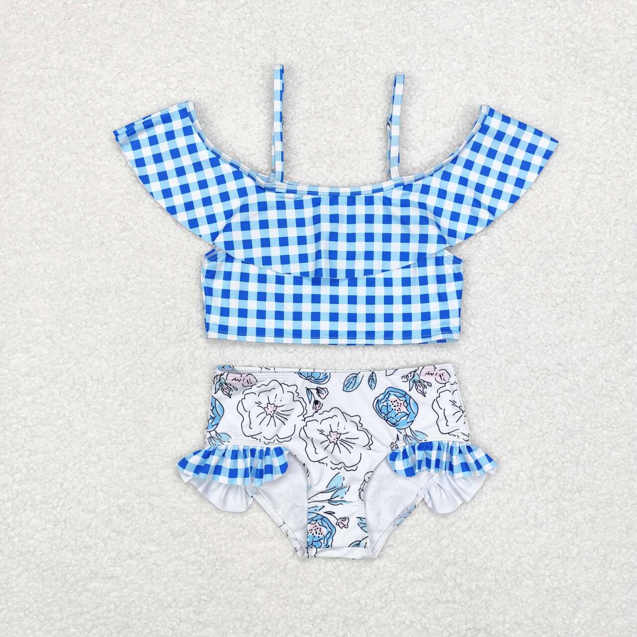S0254 Blue plaid floral white swimsuit set