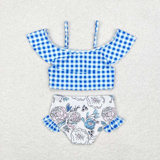 S0254 Blue plaid floral white swimsuit set