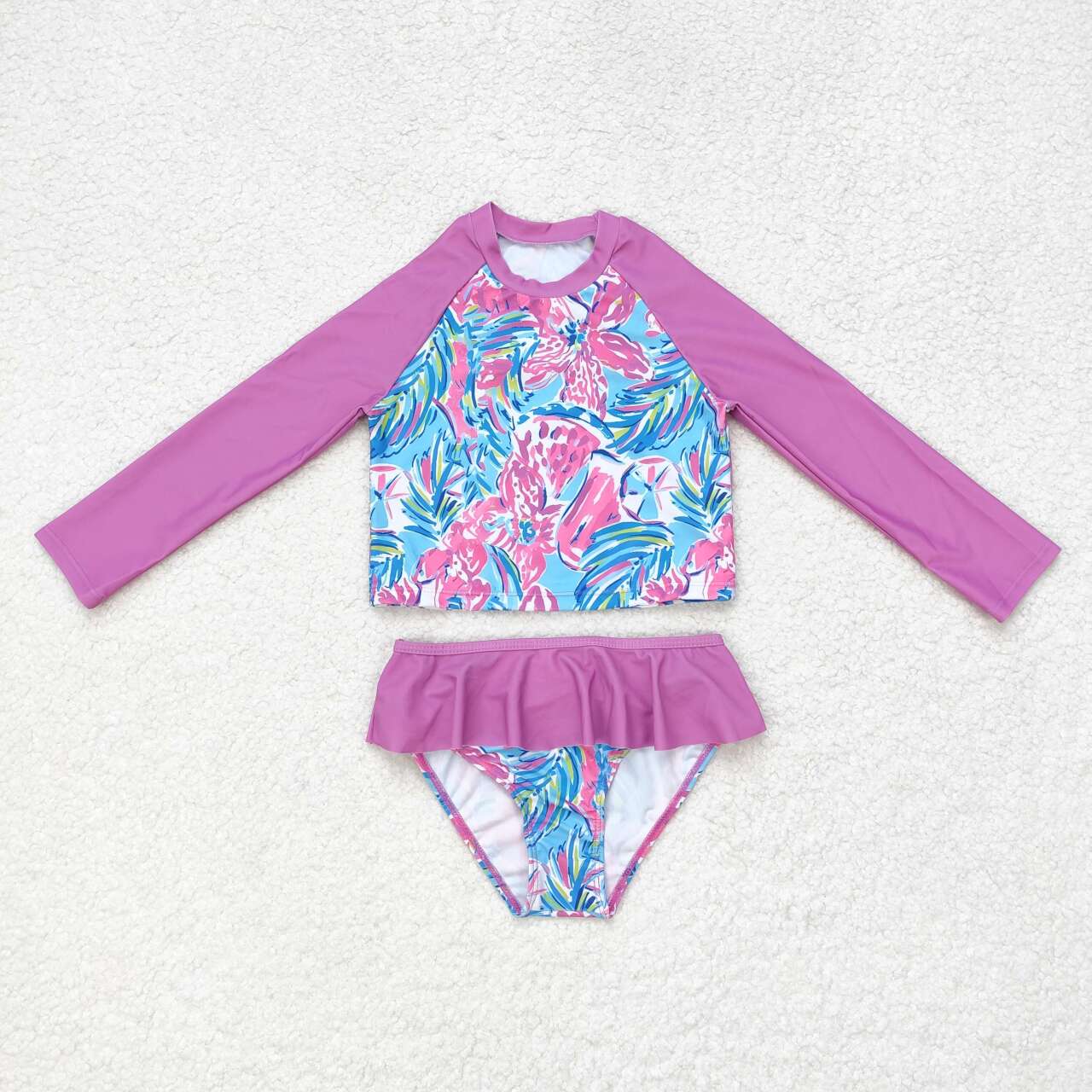 S0259 Blue long-sleeved swimsuit set with floral rose pink lace