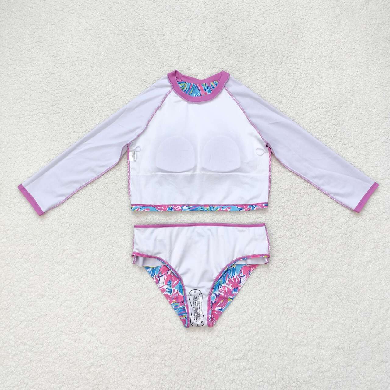 S0259 Blue long-sleeved swimsuit set with floral rose pink lace