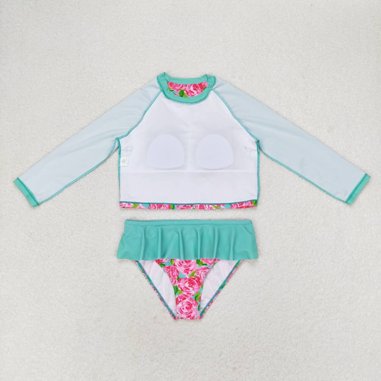 S0260 Floral Turquoise Lace Long Sleeve Swimsuit Set