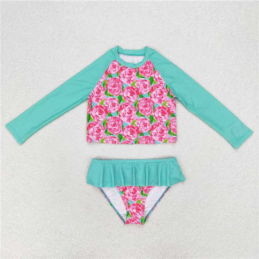 S0260 Floral Turquoise Lace Long Sleeve Swimsuit Set