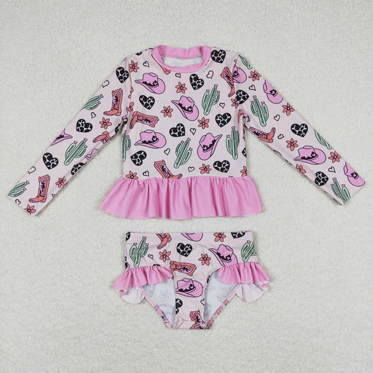 S0262 Cactus Love Flower Hat Boots Pink Lace Long Sleeve Swimsuit Suit