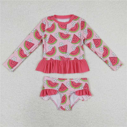 S0264 Floral Watermelon Pink Lace Long Sleeve Swimsuit Suit
