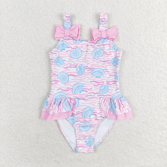 S0274 Shell Wave Pink Bow One-Piece Swimsuit