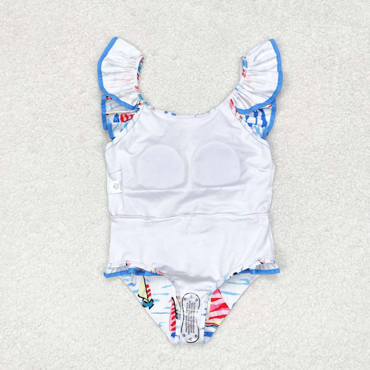 S0277 White One-Piece Swimsuit with Sailboat Blue Bow