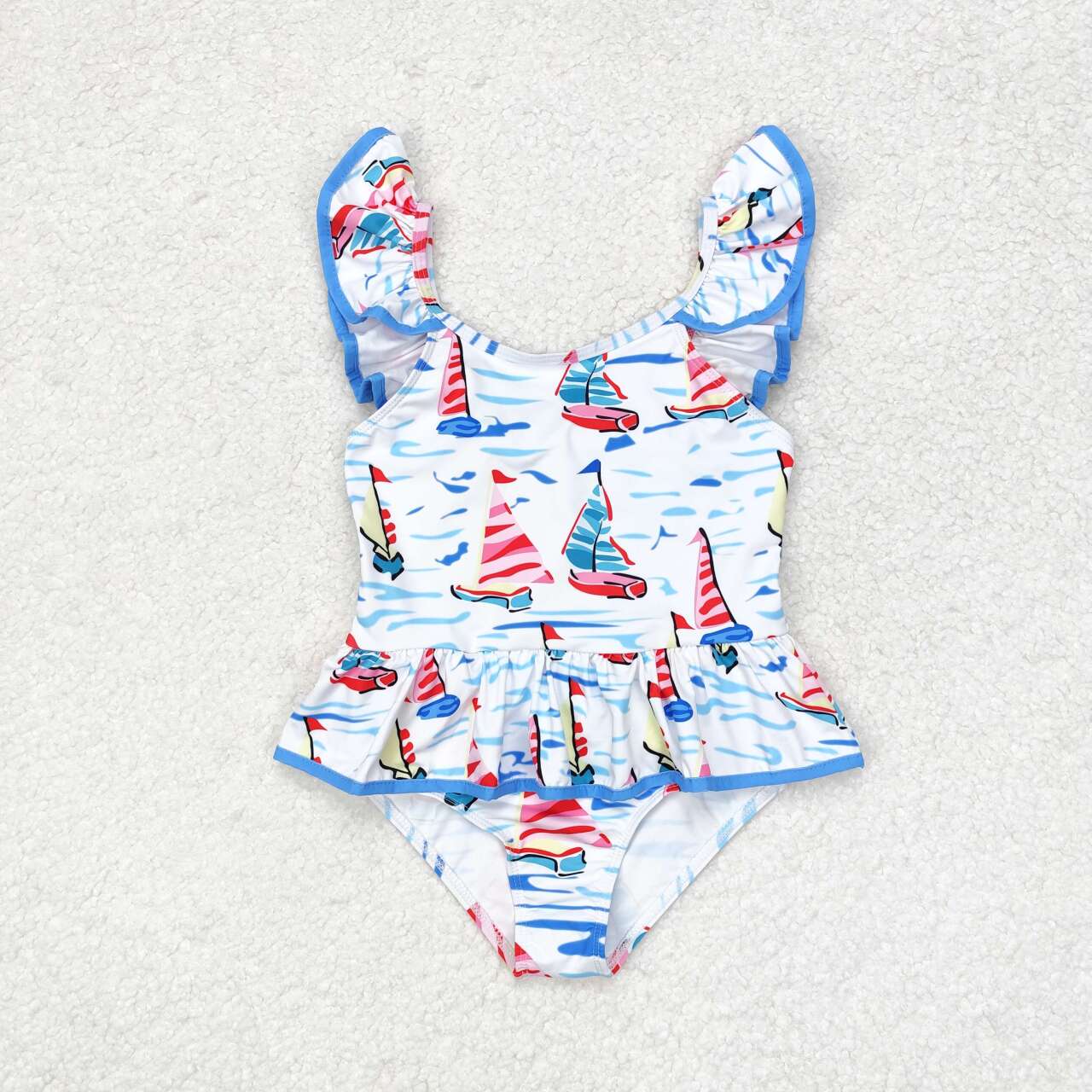 S0277 White One-Piece Swimsuit with Sailboat Blue Bow