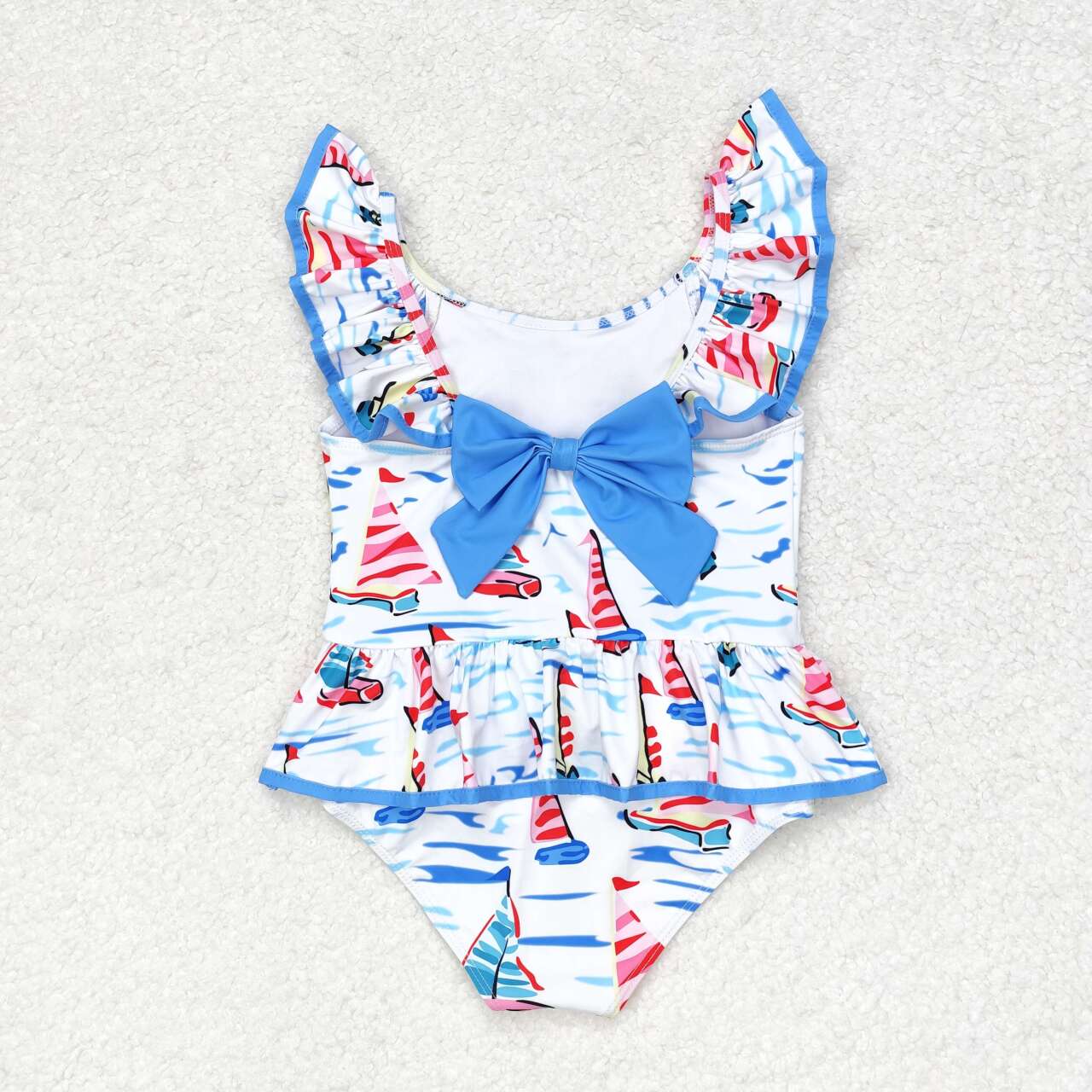 S0277 White One-Piece Swimsuit with Sailboat Blue Bow