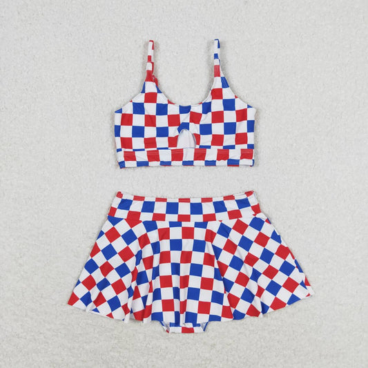 S0287 Red, blue and white plaid National Day swimsuit set