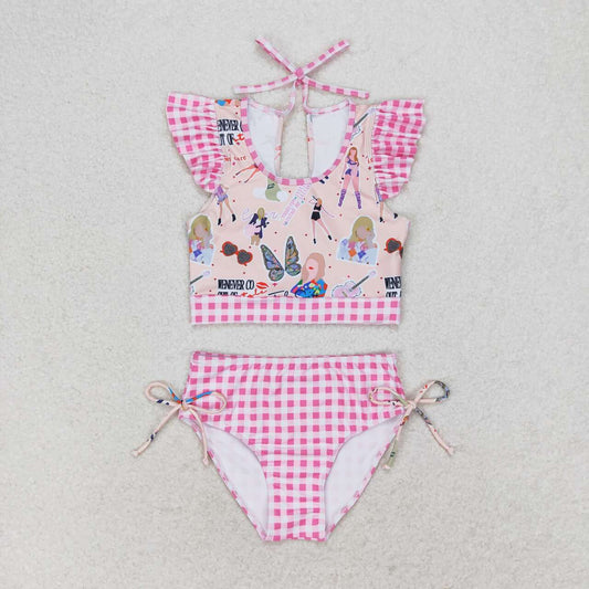 S0291 Rose Pink Plaid Swimsuit Set