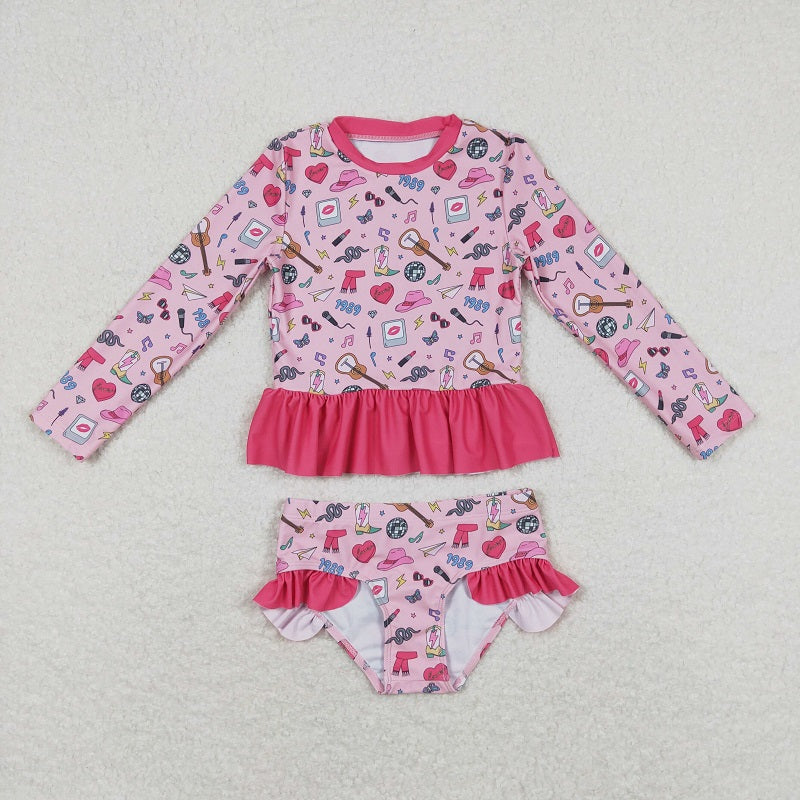 S0293 Love Butterfly Glasses Rose Red Lace Long Sleeve Swimsuit Set