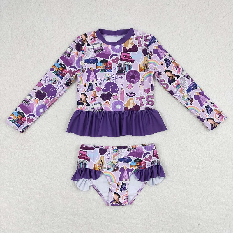 S0294 Rainbow Purple Lace Long Sleeve Swimsuit Set