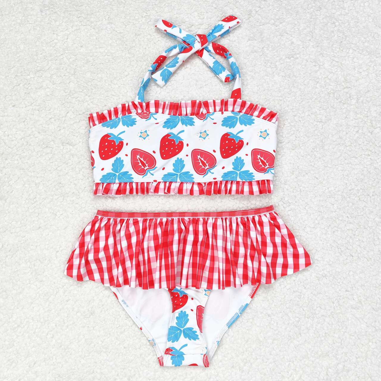 S0316 Strawberry Red Plaid Swimsuit Set