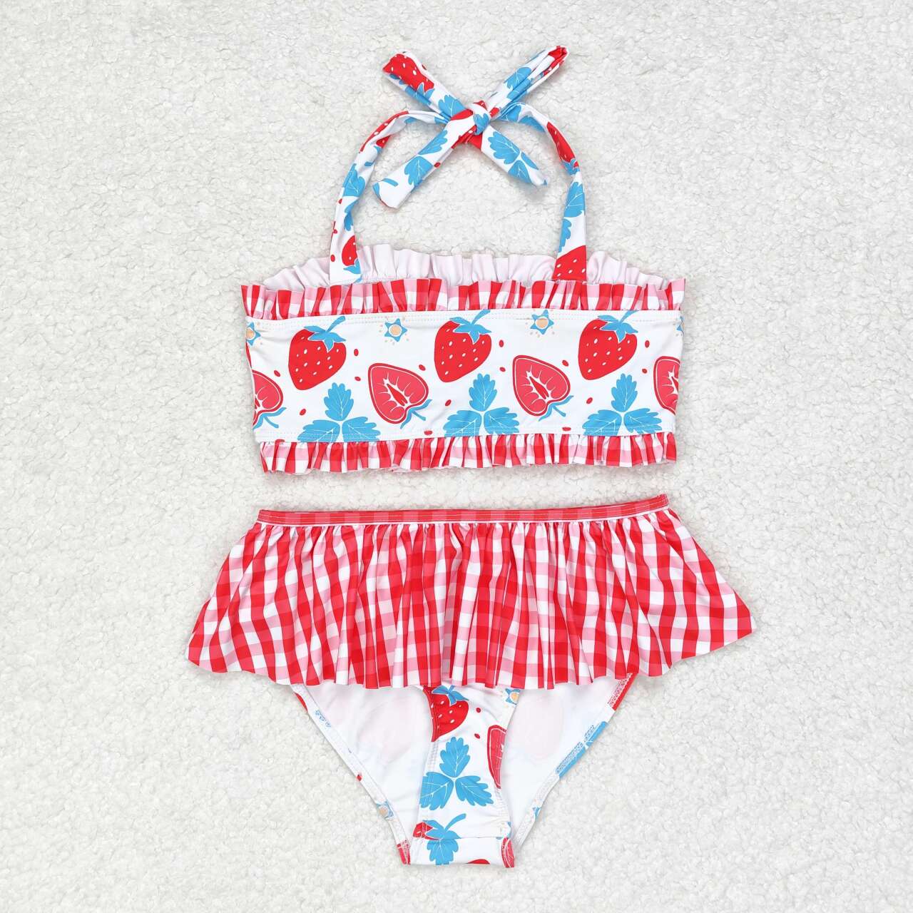 S0316 Strawberry Red Plaid Swimsuit Set