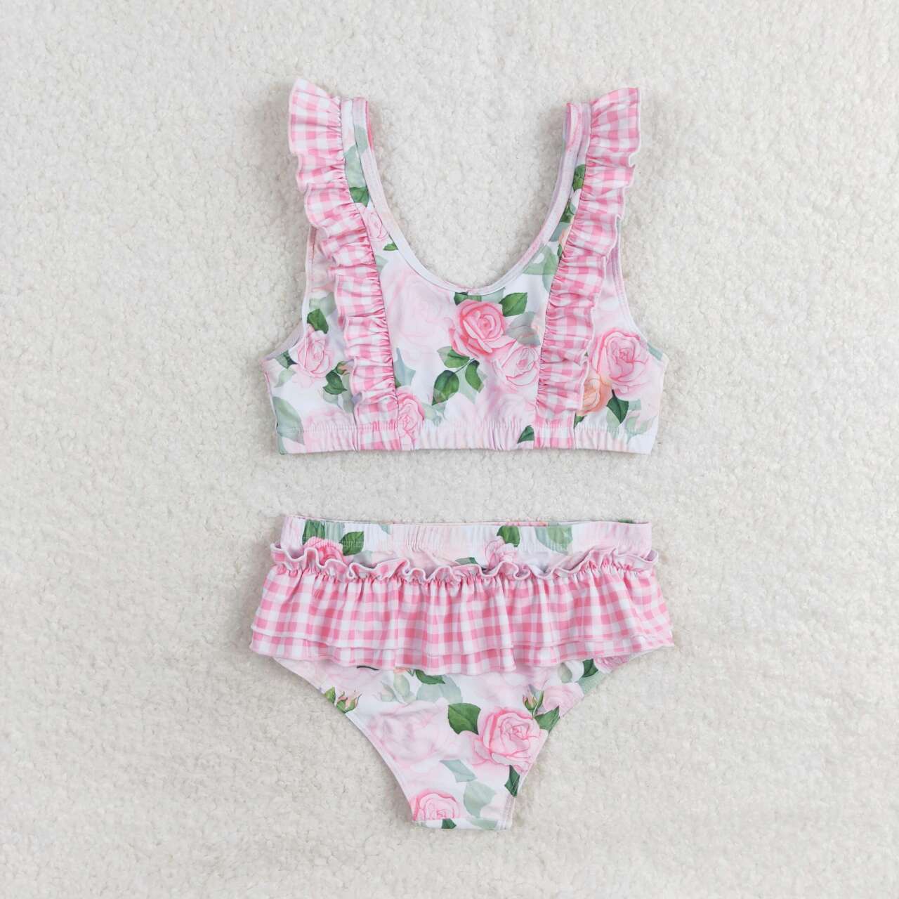 S0318 Floral Pink Plaid Swimsuit Set