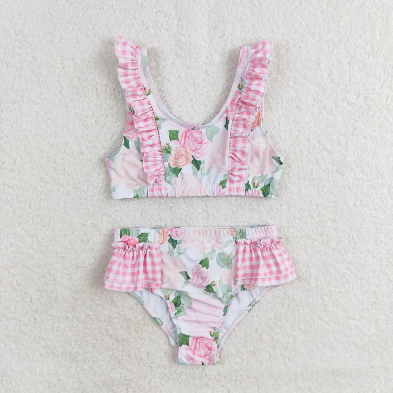 S0318 Floral Pink Plaid Swimsuit Set