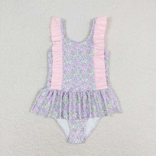 S0331 Pink and purple floral lace one-piece swimsuit