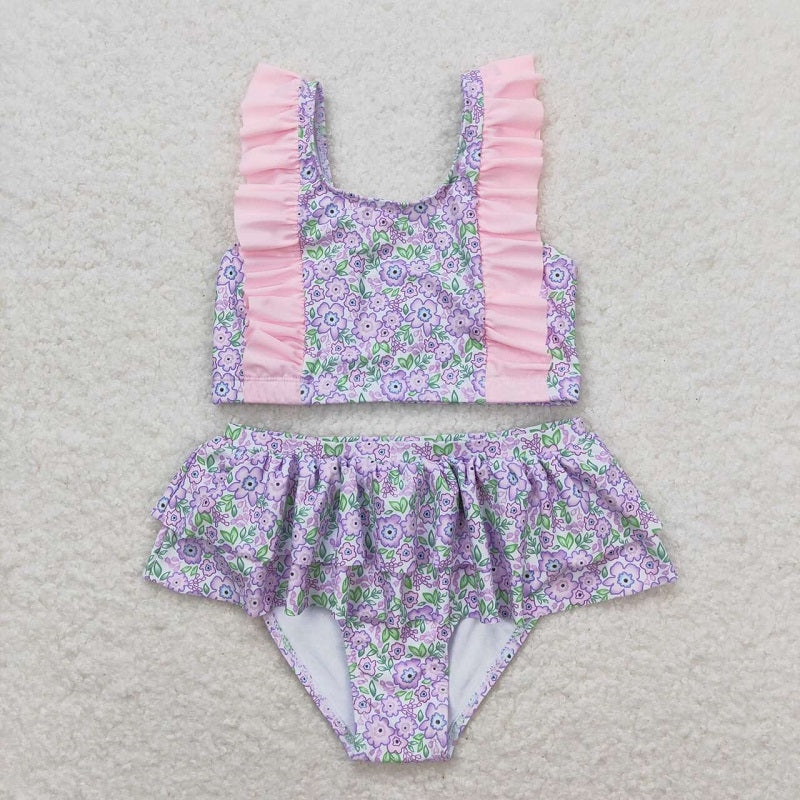 S0332  Pink and purple floral lace swimsuit set