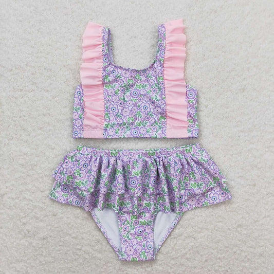 S0332  Pink and purple floral lace swimsuit set