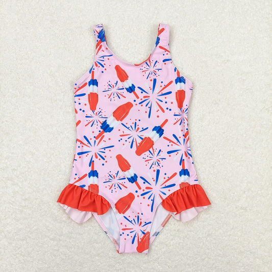 S0333 Fireworks popsicle red lace pink one-piece swimsuit