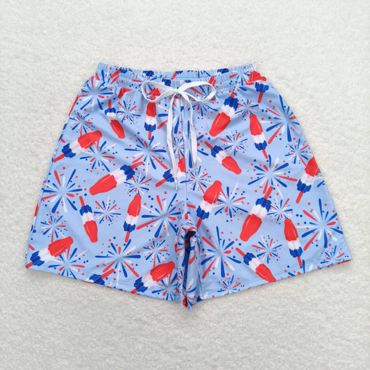 S0335 Adult men's fireworks popsicle blue swimming trunks