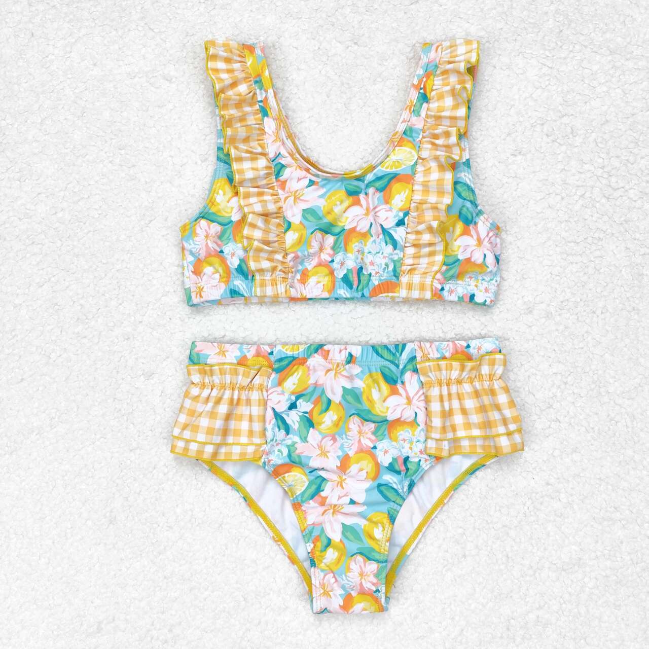S0343 Floral orange and yellow plaid blue swimsuit set