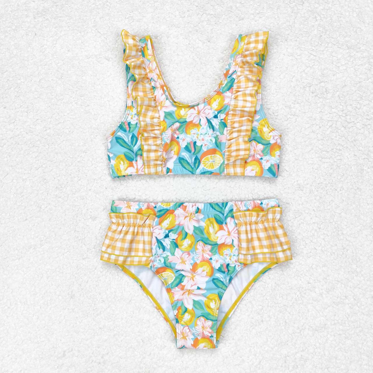 S0343 Floral orange and yellow plaid blue swimsuit set