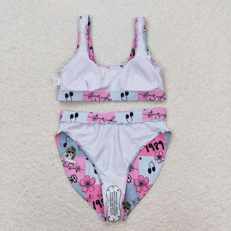S0347 Adult female 1989 rep flower plaid pink swimsuit suit
