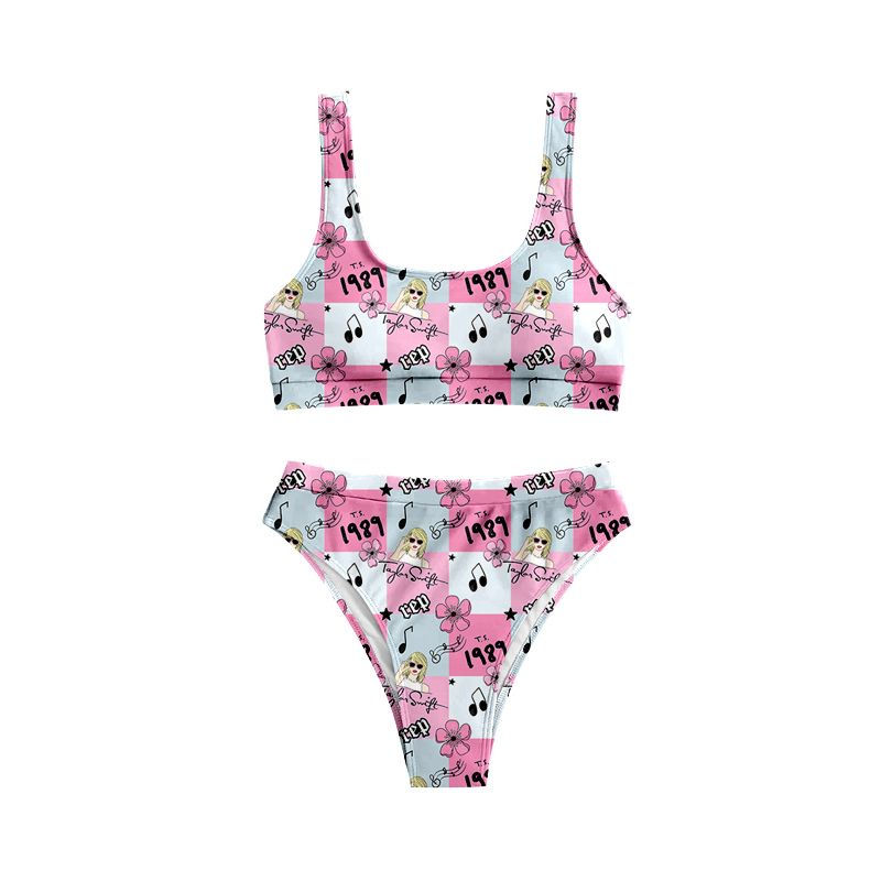 S0347 Adult female 1989 rep flower plaid pink swimsuit suit