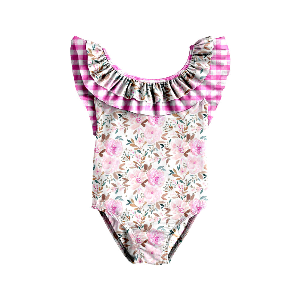 preorder S0370 Floral pink plaid lace one-piece swimsuit