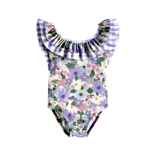 preorder S0371 Floral purple plaid lace one-piece swimsuit