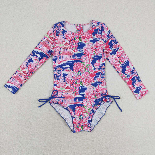 S0376 Flower scenery blue and pink zipper long-sleeved one-piece swimsuit
