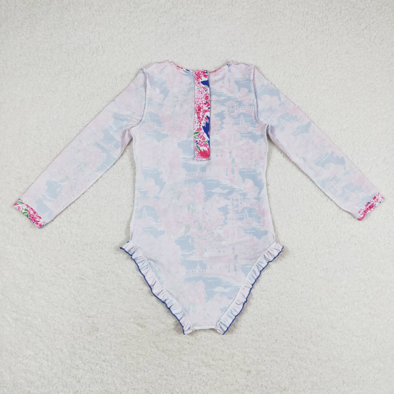 S0376 Flower scenery blue and pink zipper long-sleeved one-piece swimsuit