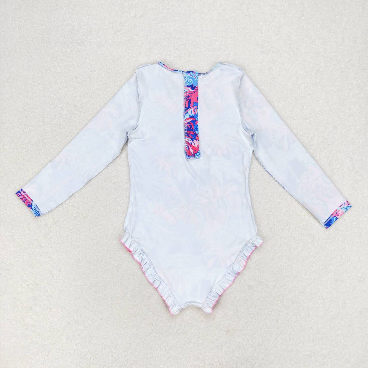 S0377 Tree forest pattern blue zipper long sleeve one-piece swimsuit