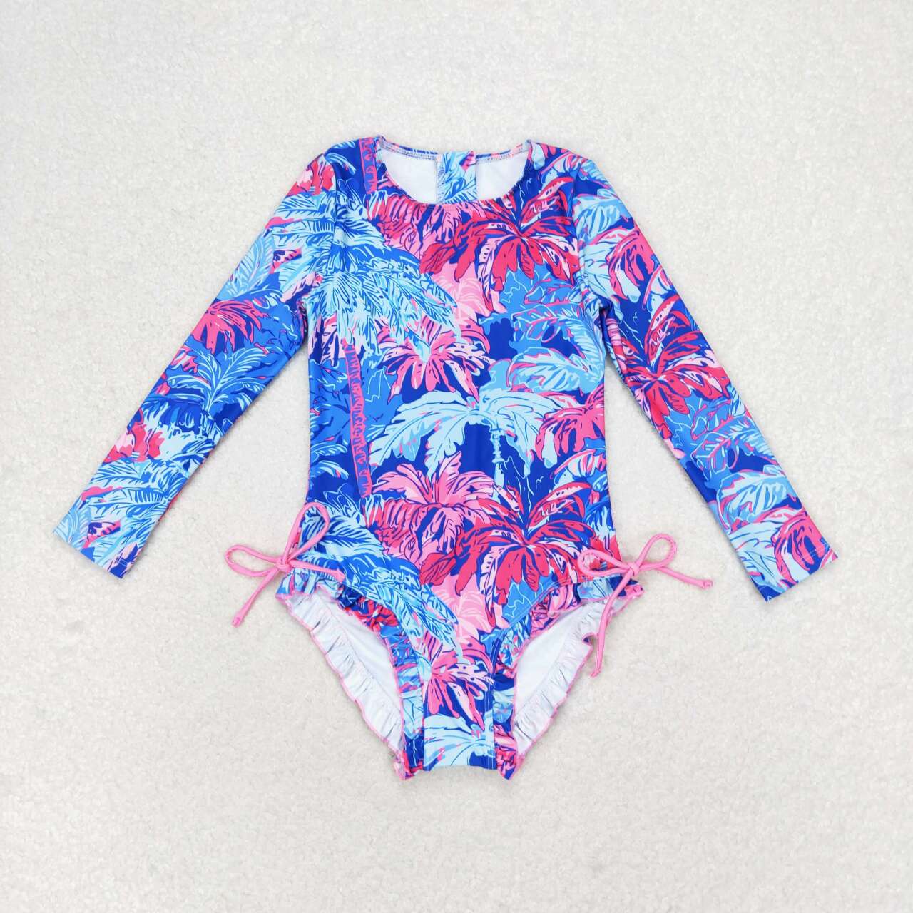 S0377 Tree forest pattern blue zipper long sleeve one-piece swimsuit