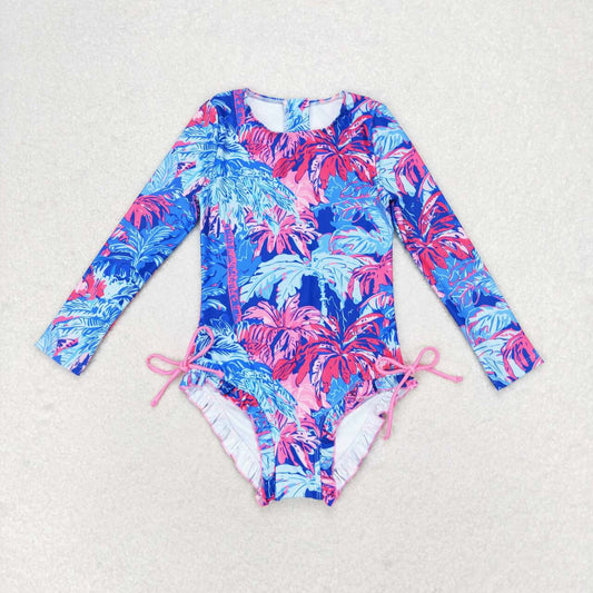 S0377 Tree forest pattern blue zipper long sleeve one-piece swimsuit