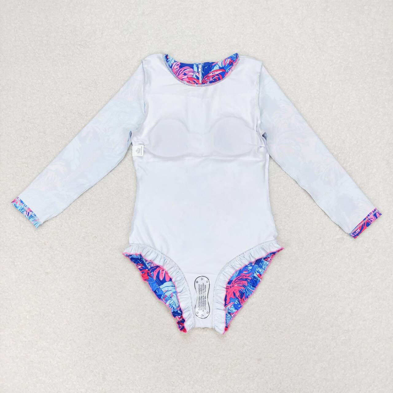 S0377 Tree forest pattern blue zipper long sleeve one-piece swimsuit