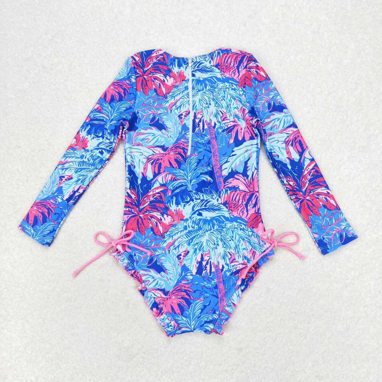 S0377 Tree forest pattern blue zipper long sleeve one-piece swimsuit