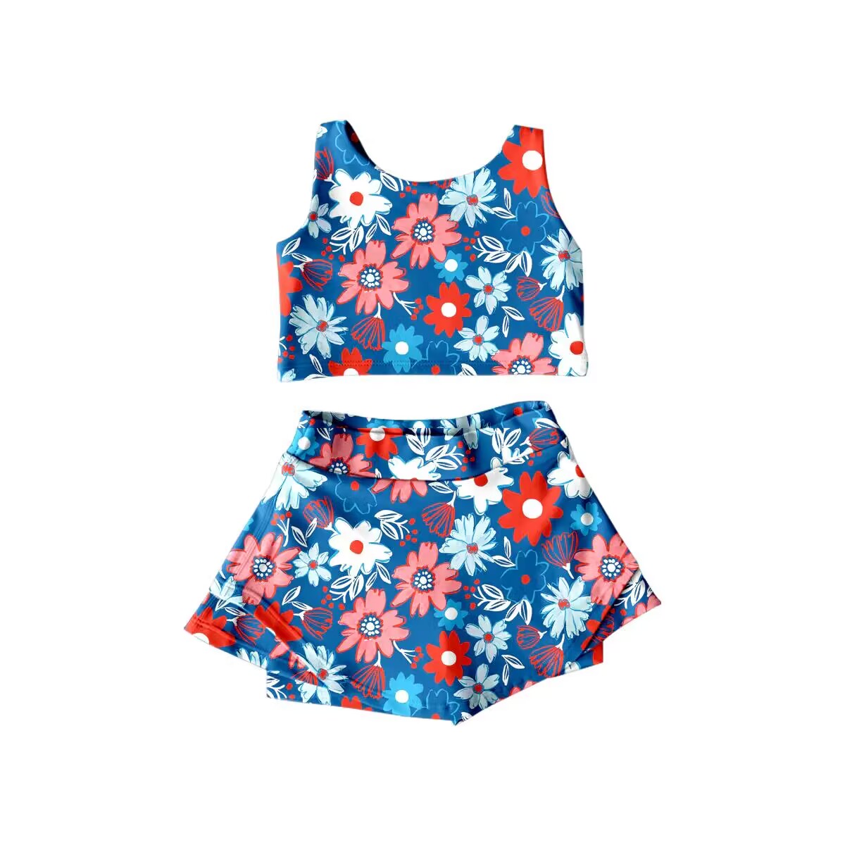 preorder S0383 Floral blue sleeveless skirt swimsuit set